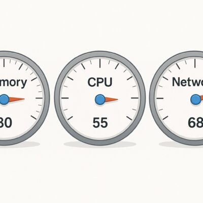 three dial clocks showing memory, CPU and network respectively