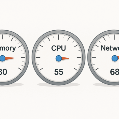three dial clocks showing memory, CPU and network respectively